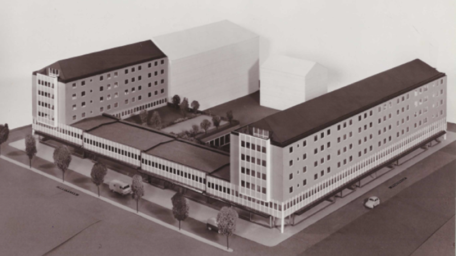 Modell inför bygget av Brf Luthags-City, tidigt 1960-tal. Vy mot korsningen Skolgatan - Sturegatan.